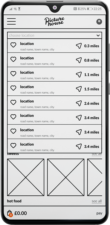 mid-fi prototype location drop down screen